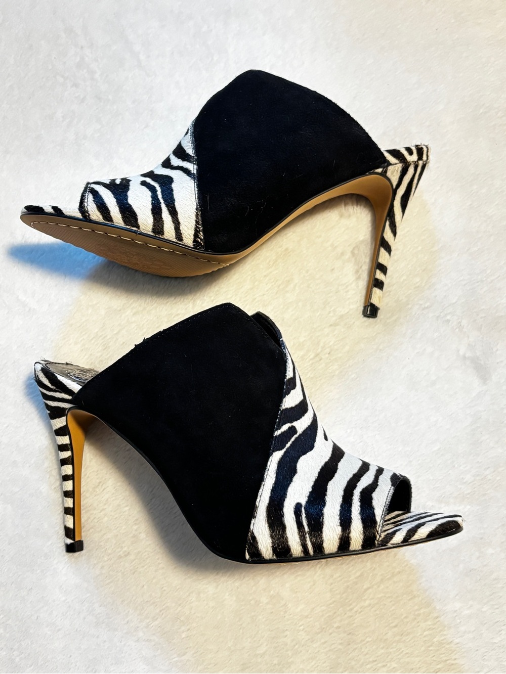 Vince Camuto Zebra-Print Open-Toe Mule Heels - Black & White